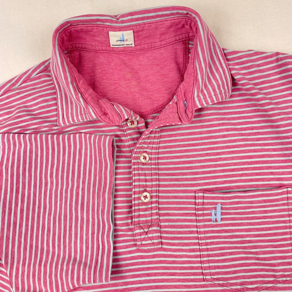 Johnnie-O Hangin Out Mens Medium Pink Striped Short Sleeve Pocket Polo Shirt